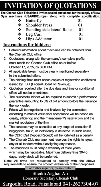 Chenab Club Faisalabad Tender Notice